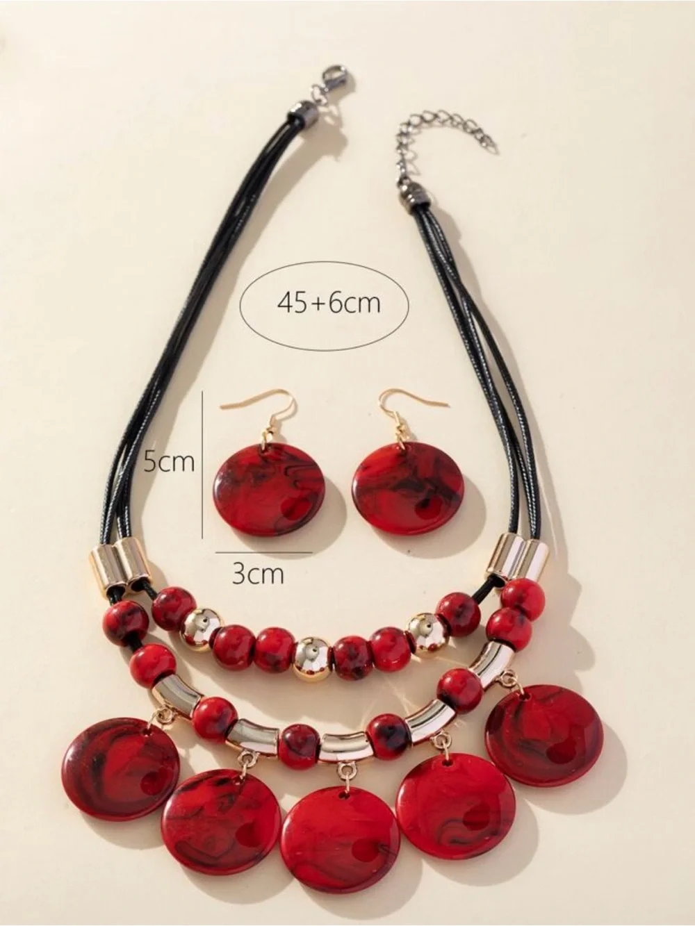 Red Statement Beaded Necklace & Earring Set - Unbranded